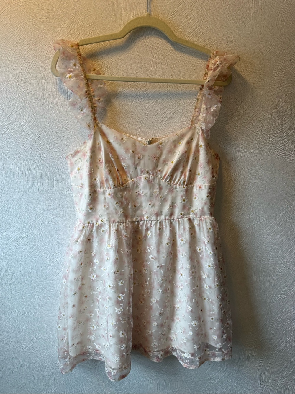 Kestan Floral Babydoll Mini Dress L Sheer Ruffle Straps Cottagecore Coquette - Picture 2 of 9